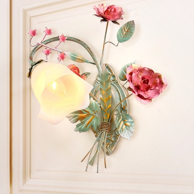 Traditionalism Floral Wall Mount Lamp 1 Head Milky Glass Wall Sconce in Blue for Bedroom, Left/Right