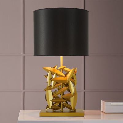 Tube Fabric Nightstand Lamp Modern 1 Bulb Black Task Lighting with Gold Rectangular Metal Base