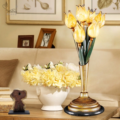 Tulip Bedroom Night Table Lighting Pastoral Metal 2/3/7 Lights Brass LED Nightstand Lamp