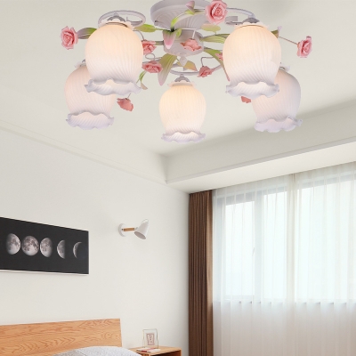 White 5 Lights Ceiling Flush Traditional Metal Flower Semi Mount Lighting for Bedroom