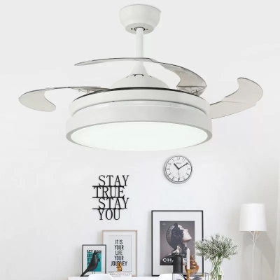 White/Black LED Ceiling Fan Light Modernist Acrylic Drum 4 Blades Semi Flush Lamp over Dining Table, 42