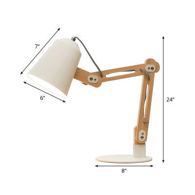 White Conical Desk Light Contemporary 1 Bulb Metal Night Table Lamp with Wood Arm