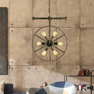 Wrought Iron Wheel Shaped Chandelier Nautical Industrial Style 5 Light Hanging Pendant for Restaurant