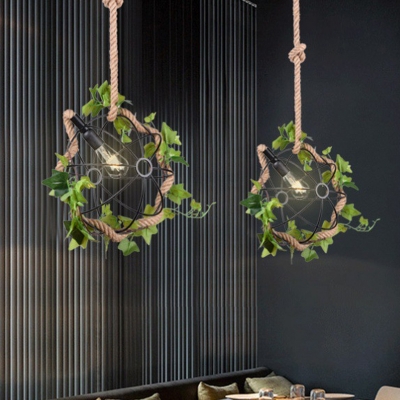 1 Bulb Ball Pendant Light Vintage Black Metal LED Plant Hanging Lamp for Restaurant