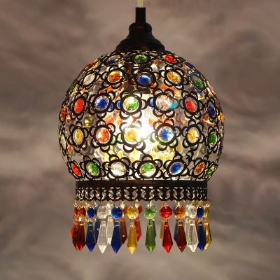 1 Head Domed Hanging Lamp Bohemian Metal Ceiling Pendant Light in Copper with Crystal Bead