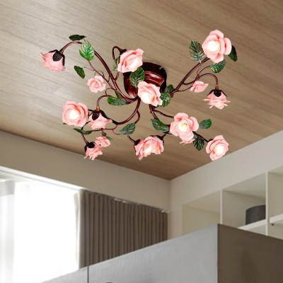 12 Lights Ceiling Mount Light Fixture Countryside Rose Metal LED Semi Flush in Dark Brown for Bedroom