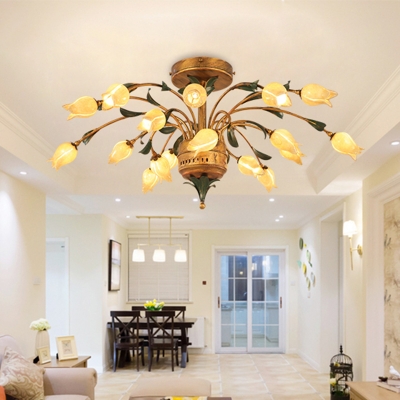 18 Heads Ceiling Mounted Light Pastoral Living Room LED Semi Mount Lighting with Tulip Frosted Glass in Brass
