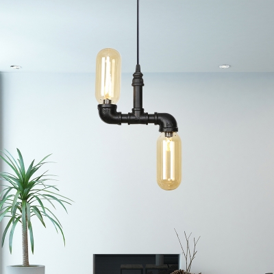 Amber Glass Capsule LED Chandelier Lighting Industrial 2 Heads Coffee House Ceiling Hang Fixture in Black