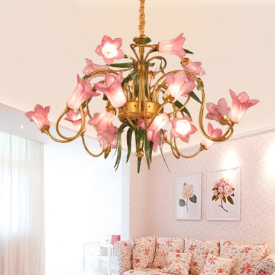 American Garden Lily Ceiling Chandelier 20 Lights Metal LED Pendant Lighting Fixture in Gold