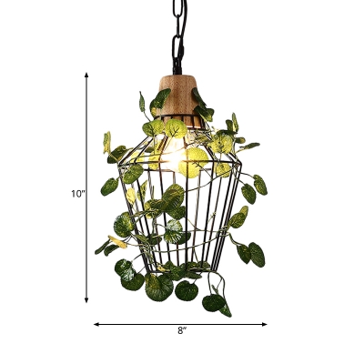 Black Cage Pendant Lighting Fixture Industrial Metal 1 Head Restaurant LED Hanging Ceiling Light with Plant