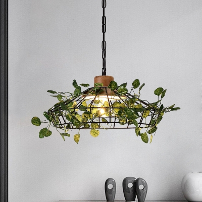 Black Cage Pendant Lighting Fixture Industrial Metal 1 Head Restaurant LED Hanging Ceiling Light with Plant
