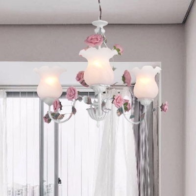 Blossom Bedroom Chandelier Lighting Fixture Pastoral Metal 3/5/6 Lights White Hanging Ceiling Light