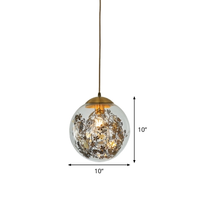 Contemporary Ball Hanging Lamp Clear Glass 1 Bulb Bedroom Ceiling Pendant Light in Yellow with Inner Shattered Leaves Decoration