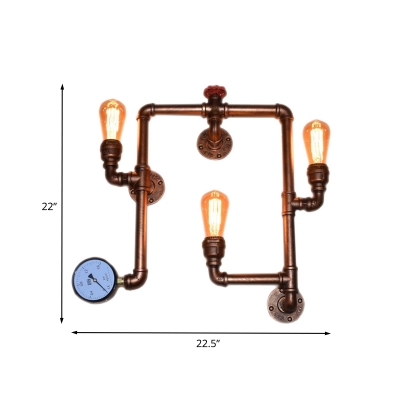 Copper 3 Bulbs Wall Light Fixture Antiqued Metallic Twisted Pipe Living Room Sconce Lamp with Gauge Deco