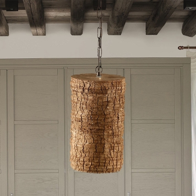 

Cylindrical Resin Pendant Light Industrial 1 Light Stairway Hanging Ceiling Lamp in Brown with Timber Pile Design, HL599719