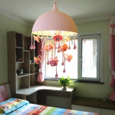 Dome Bedroom Hanging Ceiling Light Pastoral Metal 1 Bulb Pink Rose Suspension Lighting
