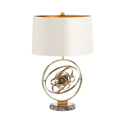Drum Table Light Modern Fabric 1 Head Nightstand Lamp in White with Round Marble Base
