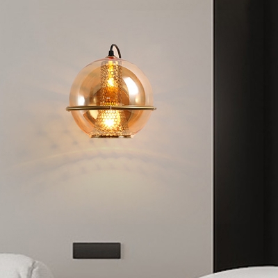 Global Bedside Wall Light Sconce Cognac Glass 1 Bulb Contemporary Wall Mount Lamp in Brass
