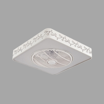 LED Metal Pendant Fan Lighting Modern White Square Bedroom Semi Flush Mount Lamp with 3 Blades, 21.5