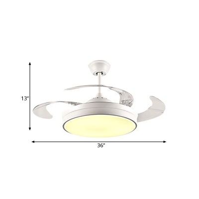 LED Semi Flush Light Fixture Modernism Drum Acrylic Ceiling Fan Lamp in White with 8 Clear Blades, 36