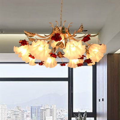 Metal Beige Chandelier Light Fixture Scalloped 4/6/9 Bulbs Traditional Rose Down Lighting for Bedroom