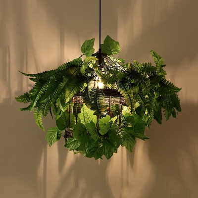 Metal Black Drop Pendant Birdcage 1-Light Antique LED Down Lighting with Plant Decor