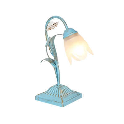 Metal Blue/Pink Night Table Lamp Floral 1 Bulb Countryside Nightstand Light for Study Room