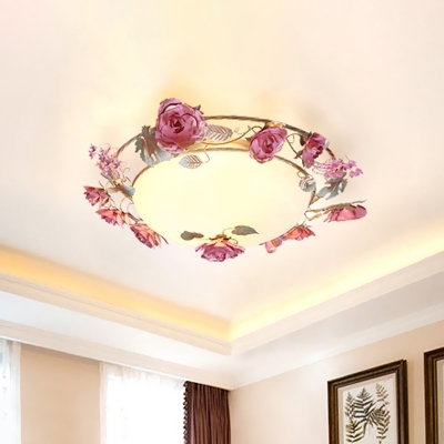 Metal Dome Ceiling Fixture Pastoral 2/3/4 Lights Dining Room Flush Mount Light in White with Flower Decor