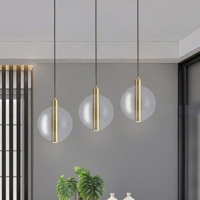 Metal Slim Tube Ceiling Light Contemporary 1 Bulb LED Suspended Pendant Lamp in Gold with Globe Clear Glass Shade
