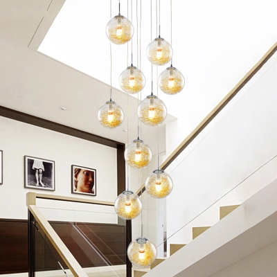 Minimalist Sphere Cluster Pendant Clear Glass 10 Bulbs Stair Suspension Lighting Fixture in Silver