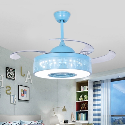 Modernist Ring Hanging Fan Lamp Metal Living Room LED 4-Blade Semi Flush Mount Light in Pink/Blue with Wall/Remote Control, 36