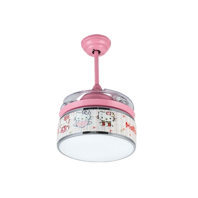 Pink LED Ceiling Fan Lighting Kids Acrylic Drum Shape 4 Blades Semi Flushmount with Wall/Remote Control, 32