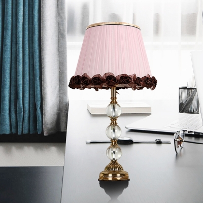 Pink Shaded Desk Light Modern 1 Bulb Fabric Table Lamp with Brass Carved Metal Base