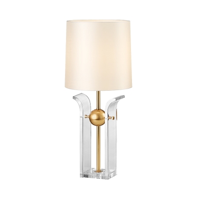 White Barrel Desk Lamp Modernism 1 Bulb Fabric Table Light with Clear Crystal Base