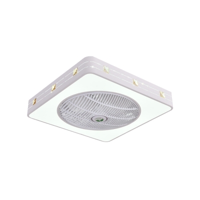 White LED Fan Lighting Modernist Metal Square Semi Flush Mount Ceiling Light Fixture with 3 Blades for Bedroom, 21.5