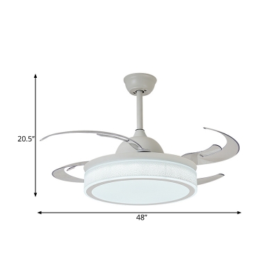 White LED Hanging Fan Light Modernist Acrylic Drum 8 Blades Semi Flush Lamp Fixture for Bedroom, 48
