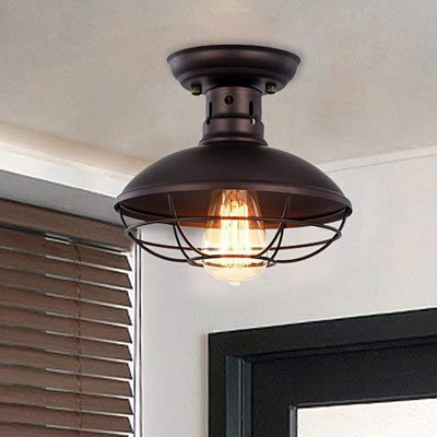 1-Bulb Flushmount Industrial Bowl Metallic Flush Mounted Light in Bronze/Coffee with Cage