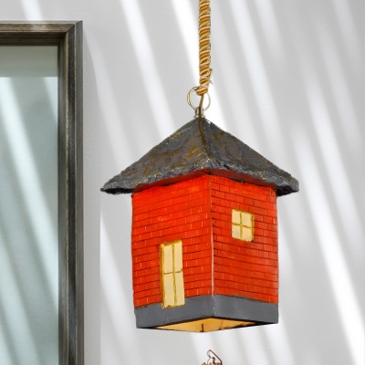 1-Bulb Hanging Lighting Industrial House Shaped Resin Ceiling Lamp Fixture in Red