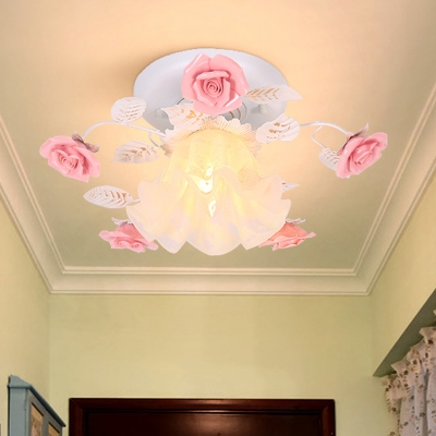 1 Head Ceiling Mounted Light Traditional Foyer Semi Mount Lighting with Floral Metal in White