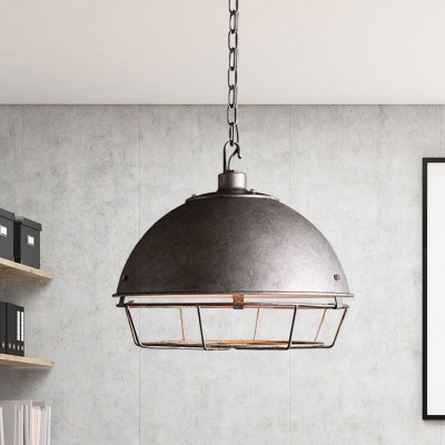1 Head Iron Ceiling Light Antiqued Black/Rust/Silver Finish Caged Restaurant Hanging Pendant with Dome Shade