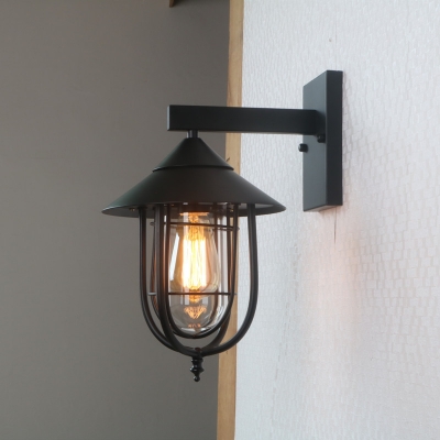 1-Head Iron Wall Light Industrial Black Caged Outdoor Wall Mount Sconce with Clear Glass Shade