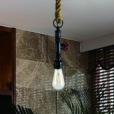 1 Light Pipe and Valve Hanging Light Industrial Black/Silver/Copper Metal Ceiling Pendant Lamp with Rope Cord