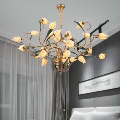 25 Bulbs Frosted Glass Chandelier Country Style Brass Tulip Living Room LED Pendant Lighting Fixture