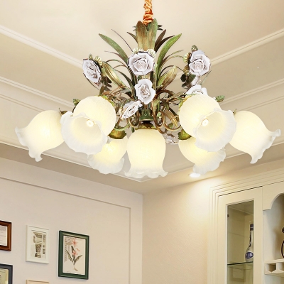 4/7 Lights Metal Chandelier Lighting Pastoral Green Flower Living Room Ceiling Pendant