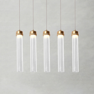 5 Bulbs Dining Room Hanging Light Fixture Contemporary Brass Multi Lamp Pendant with Tube Clear Glass Shade