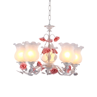 5 Lights Chandelier Pendant Light Traditional Rose Opal Glass Suspension Lamp in Pink