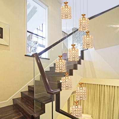 8 Bulbs Stair Cluster Pendant Contemporary Gold Ceiling Light with Circular Faceted Crystal Shade