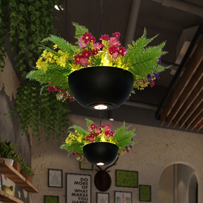 Black 1 Head Pendant Lamp Industrial Metal Dome LED Hanging Ceiling Light with Flower Decoration