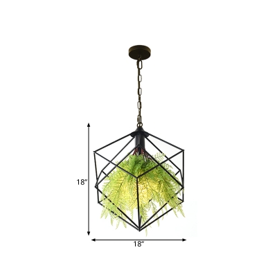 Black 1 Light Ceiling Pendant Retro Metal Cage LED Drop Lamp with Plant for Restaurant, 18