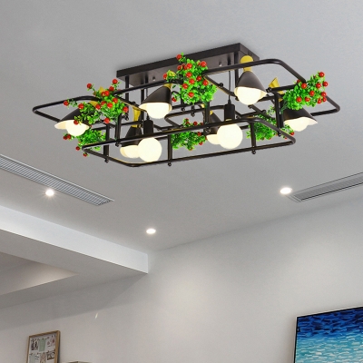 Black 5/8 Bulbs Ceiling Fixture Industrial Metal Square/Rectangle LED Plant Semi Flush Mount Light for Living Room